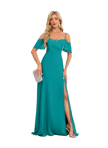 Image of Plus Size Wedding Guest Dresses Off Shoulder Chiffon Bridesmaid Dresses for Women US26W Aqua