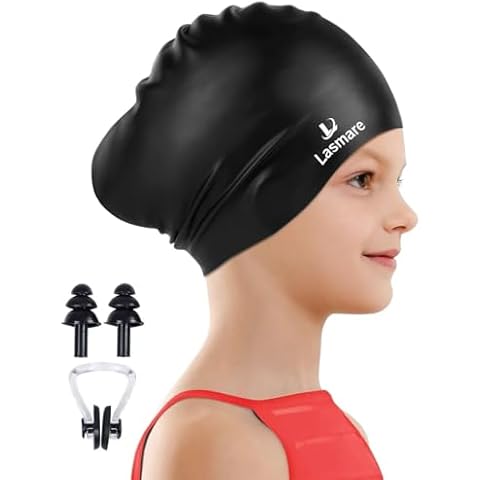 Kids Long Hair Swim Cap for Girls Boys, 3 Size Silicone Swimming Cap for Age 1-15 Toddler Children Teens, Waterproof Swim Hats Bathing Caps with Ear Plugs & Nose Clip to Keep Hair Dry(Age 3-8/Black) Cover