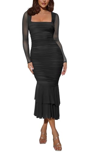 Atizon Women's Ruched Bodycon Long Sleeve Square Neck Wedding Guest Dress Formal Mermaid Evening Cocktail Party Maxi Dresses2