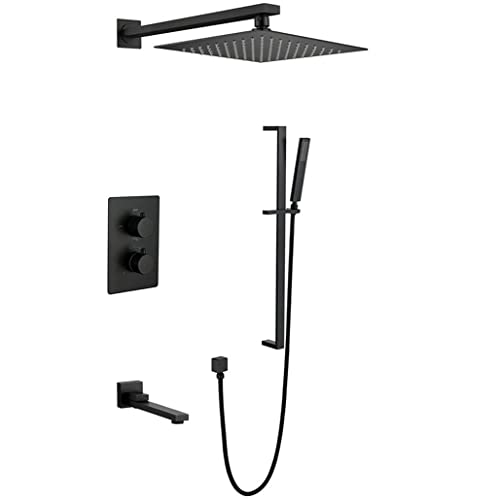 Mitigeur thermostatique noir de salle de bain cachée avec ciel de pluie haut de gamme