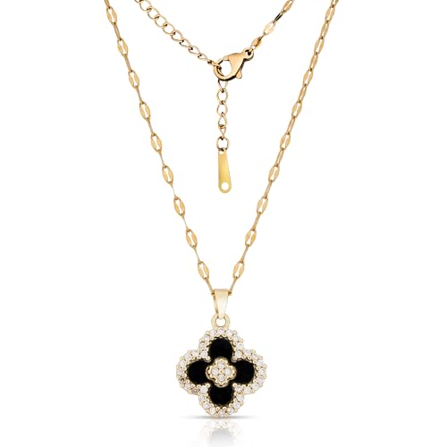 Four Leaf Clover Pendant Necklaces for Women 18K Gold Plated Multi Color: Mother of Pearl, Black Agate & Cubic Zirconia/Dainty Lucky Clover Necklace Perfect for Any Occasion3