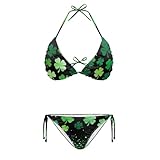 Pugasmiru Four-Leaf Clover Pattern Women's Adjustable Bikini Set Sexy St. Patrick's Day Two Piece Triangle Swimwear Tie Straps Soft Fabric Flattering Fit All Day Wear XS-2XL