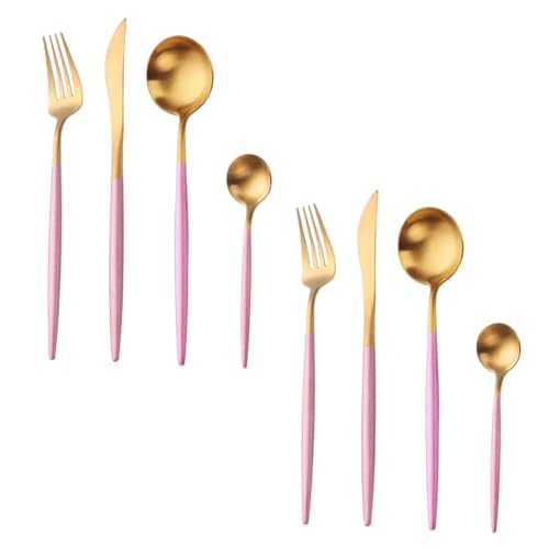 Image of aDai Premium Gold SUS304 Stainless Steel Cutlery Set - 4 Spoons, 2 Fork, 2 Steak Knife - Mirror Finish Dinnerware Flatware (Pink - Set of 8)
