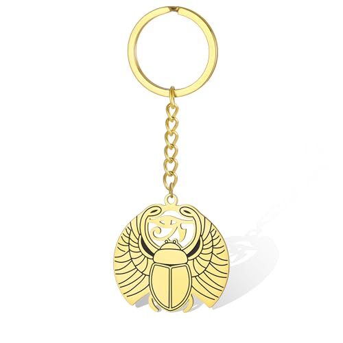 VASSAGO Llavero de escarabajo para hombres y mujeres llavero de acero inoxidable con diseño de ojo de Horus diseño de escarabajo egipcio antiguo (oro)