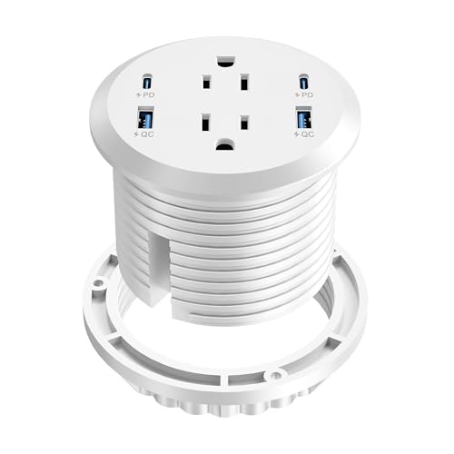 Desktop Power Grommet, 65W USB C Fast Charging, Flush Mount Recessed Power Strip 3-Inch Hole, 2 Outlets, 4 USB Ports, Countertop Outlet (White)