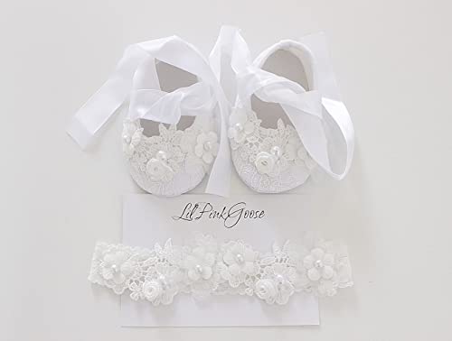 0-18M Baby Girls Newborn White Lace Baptism Shoes and Headbnad Set Toddler Wedding Dress Shoes Set4