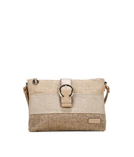 BOSANOVA Bolso Bandolera de Mujer en Rafia Color Tostado con Detalle de Purpurina, Solapa Decorativa con Hebilla y Cierre de Cremallera. Asa de Cruzar. Tostado U