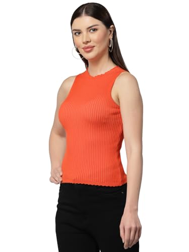 Image of Kalt Womens Knitted, Ribbed Cotton Fitted Sleeveless Round Neck Cami Tank Top