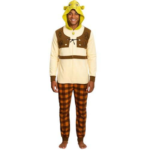 MJC Shrek Fleece Zip Up Jumpsuit Adult Halloween Costume Cosplay One Piece Union Suit Officially Licensed (Small)