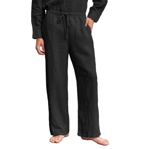 Amazhiyu Men's 100% Linen Summer Casual Elastic Drawstring Loose Pants Pockets