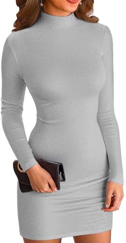 ELFIN Vestido Bodycon para mujer de manga larga con cuello redondo, minivestido acanalado, vestido básico ajustado de una sola pieza, de otoño, vestido de punto, vestido de ocio, gris, M