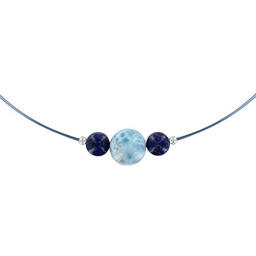 LES POULETTES BIJOUX - Silver Necklace Blue Cable Larimar Bead an...