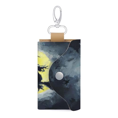 Witch Flying on Broomstick Moonlight Key Holder Bag PU Leather ID Card Holder Keychains Case Cover for Men Women
