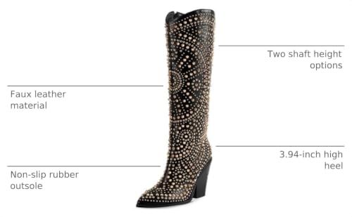 Image of iiimmu Knee High Boots Women Black Pointed Toe and Chunky Heel Luxurious Studded Tall Boots with Gold Metal Rivets, Size US 9