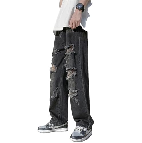Men Summer Blue Black Ripped Jeans Wide Leg Jeans Streetwear Loose Straight Hole Denim Pants