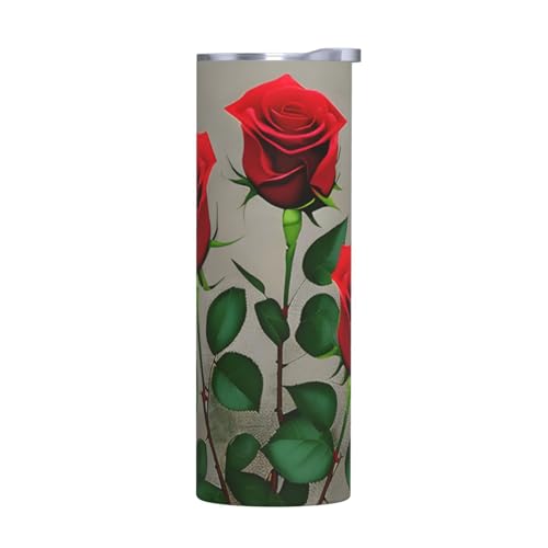 Taza de acero inoxidable con tapa, 591 ml, diseño de rosas rojas, 1 botella de agua aislada impresa, fácil de transportar para cafetería, oficina, coche, deportes