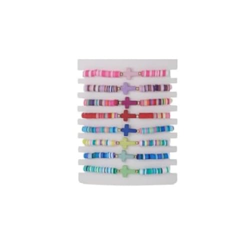 8Pcs Bohemian Rainbow Polymer Clay Cross Stretch Bracelets - Colorful Stackable Cross Beads Elastic Bracelet for Women - Summer Beach Friendship Jewelry Gifts