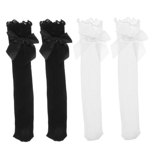 4 Pairs of Girls Knee High Socks Lace Ruffles and Bow Decor Decorative Over Calf Stockings for Kids Outdoor and Dress Socks