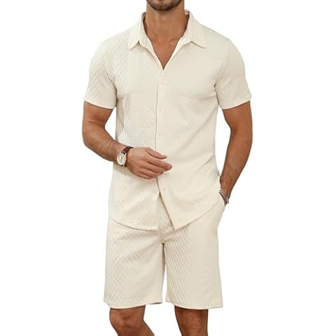 MLANM Men's 2 Piece Outfit Summer Short Sleeve Button Down Shirts and Shorts Sets with Pockets M-Beige Cover