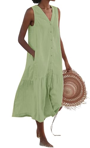 Image of chouyatou Women's Summer Sleeveless Button Down Cotton Tank Dress Loose A-Line Tiered Tunic Beach Dress