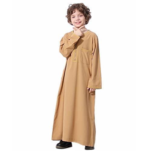 OBEEII Boy's Muslim Arab Solid Color Thobe Long Sleeve Kaftan Embroidered Robe Islamic Arabic Abaya Thobe2