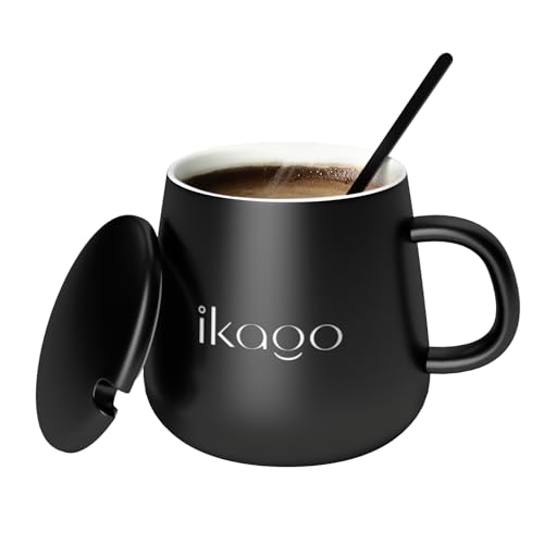 Ikago Ceramic Coffee Mug Set, 12oz Mugs with Lid and Spoon, Black Coffee Mug, Matching Mug lid, Novelty Laser Engraving Pattern, Best Gift for Coffee, Tea, Cocoa Lovers