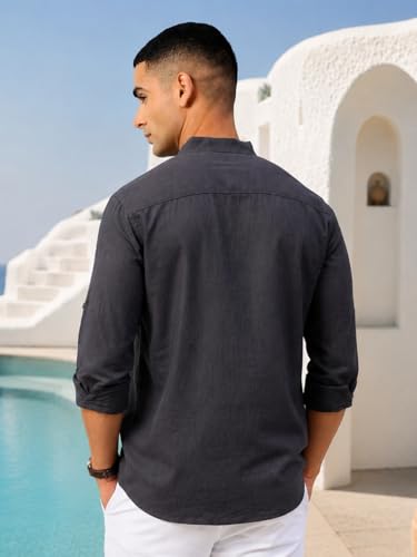 Image of Majestic Man Men's Pure Cotton Solid Mandarin Collar Slim Fit Roll-Up Sleeves Short Kurta Lightweight Summer Kurta for Daily & Occasion Use