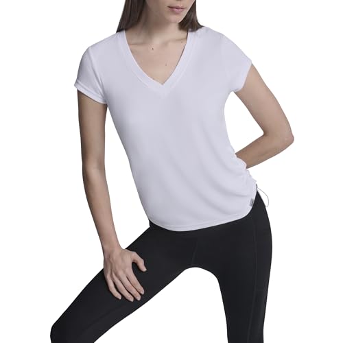 Image of DKNY Women's Short Sleeve V-Neck Tech Ruched Side Seam Active T-Shirt