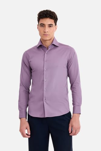 Image of SNITCH Men Formal Shirt | Tailored Slim Fit Full Sleeve Spread Collar Solid Style | Breathable Polyester Viscose Blend Twill Fabric for Office & Evening