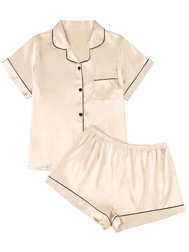 Image of LILLUSORY Silk Satin Pajama Set for Women Summer Two Piece Fall Lounge Pjs | Cozy Matching Sleepwear, Short Sleeve Button Down Shirt and Shorts, Soft Loungewear with Pocket, Cute Trendy Clothing