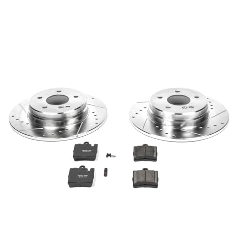 Image of PowerStop Rear Brake Kit for Mercedes-Benz CLK320 2000-02 |E300 1998-99 |E320 1996-02 |E420 1997 |E430 1998-00 - Drilled and Slotted Disc Rotors with Carbon-Fiber Ceramic Brake Pads Replacement, K621