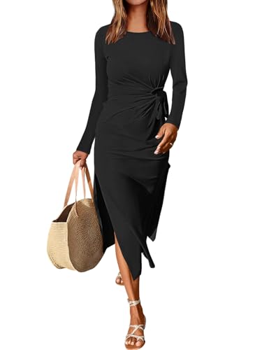 ANRABESS Womens 2026 Spring Long Sleeve Maxi Dress Crewneck Tie Waist Slit Casual Long T Shirt Dresses Winter Trendy Outfits Black Large