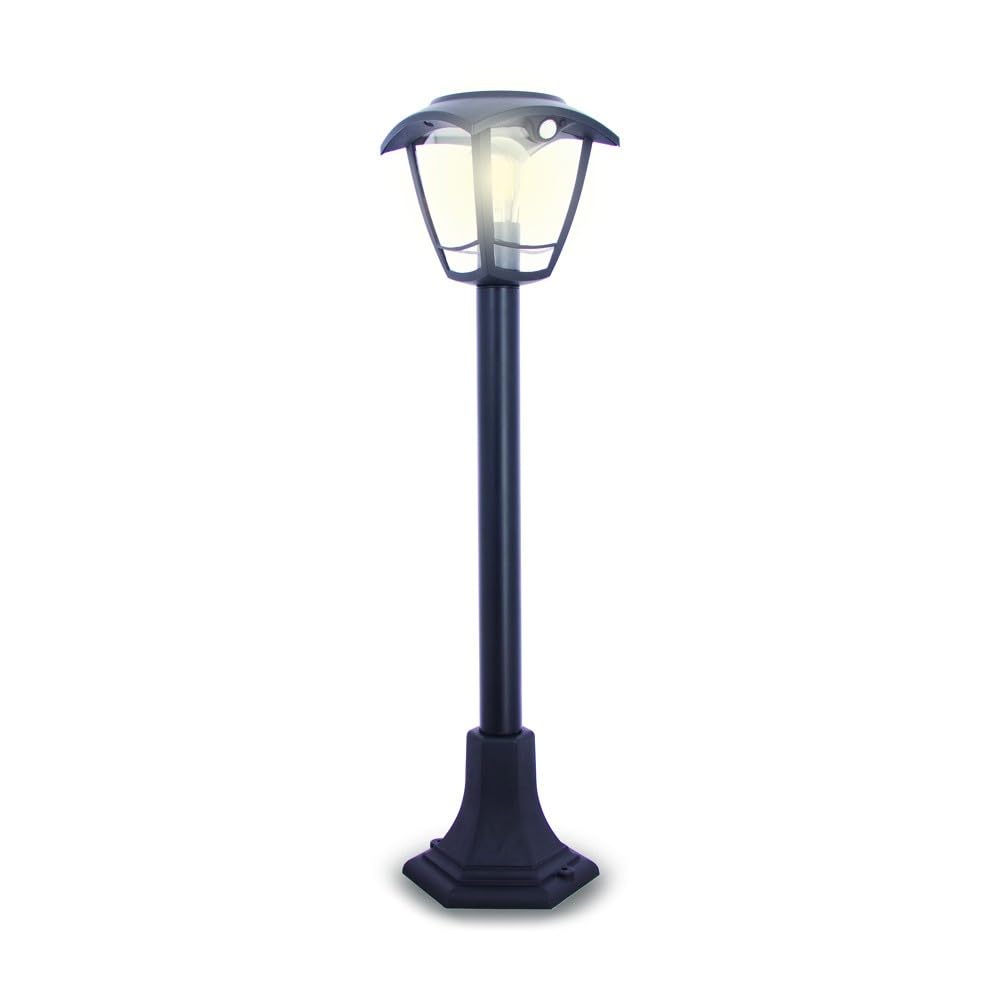 Xanlite Borne Solaire LED Rétro Noire avec Détecteur de Mouvement, IP44, 400 Lumens, 3000K Blanc Chaud, Autonomie 33h – Balise Solaire Décorative pour Allée ou Terrasse