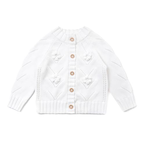 Loyfoky Baby Girl Cardigan 100% Cotton Handmade Florals Toddler Sweater Knitted Coats Long Sleeve Clothes White 18-24 Months