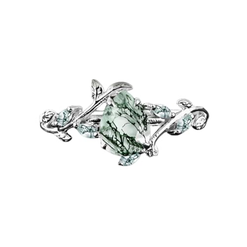 2 Carats Women Moss Agate Teardrop Ring Sterling Silver Natural Moss Agate with Leaf for Women Engagement Ring Wedding Promise Jewelry