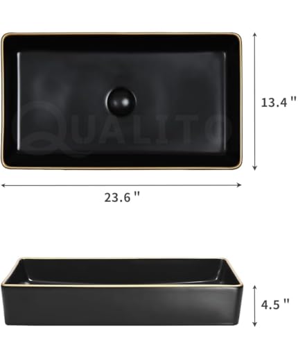 Image of QUALITO Black Golden Table Top Wash Basin for Bathroom, Living Room, Hall, Dinning Room | Big Size Ceramic Vessel Sink /Basin | Matt Finish Black Vanity Basin (24x14x5 Inch)