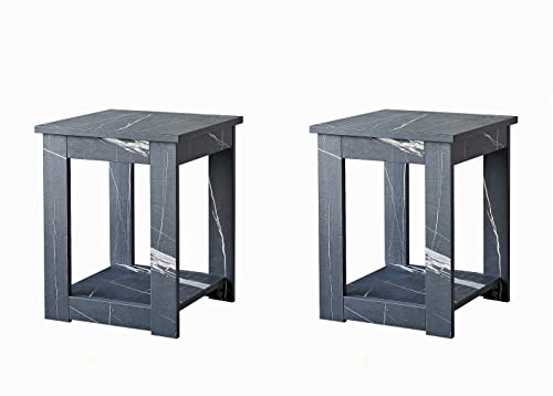 Riswer End Table Set Of 2 Sofa Side Tables Two Pcs 16 Inch Square Nightstand With 2 Shelves Black Gray Stone Texture Corner Shelves Living Room Bedroom Kitchen Furniture #TOP8