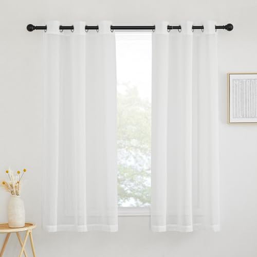 NICETOWN White Sheer Curtains 63 inch Length, Grommet Linen Blend Textured Semi Sheer Privacy Window Treatments Light Filtering for Bedroom, 42" W x 63" L, Set of 2