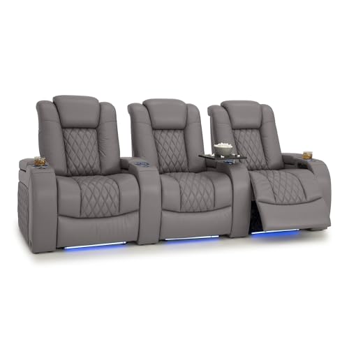 Image of Seatcraft Diamante Gray Italian Leather Home Theater Seating, Zero Gravity Power Recliner Gaming and Home Office Chair, Powered Headrest Lounge Sofa Furniture for Cinema Room, Row of 3