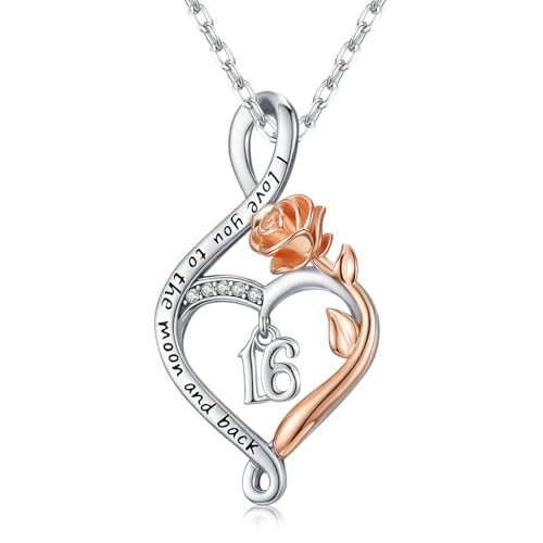 16th Birthday Gifts for Women Sweet 16 Year Old Necklace 925 Sterling Silver Rose Flower Heart Infinity Pendant Jewelry Birthday Gift for Sixteen Year Old Daughter Granddaughter
