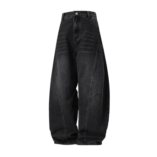 Oversized Wide-Leg Denim Jeans, Black Vintage Wash, Asymmetric Hemline, Deconstructed Style, Unisex