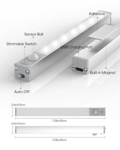 Led Under Cabinet Lights Wireless, 7’’ Rechargeable Motion Sensor Light Indoor, Dimmable Closet Lights for Cabinets, Bookshelf, Stair, Hallway