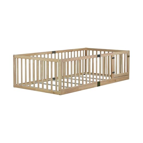 Image of Bellemave Twin Size Kids Montessori Floor Bed Frame with Door and Slats,Solid Wood Floor Bed Frame with Slats and High Fence for Kids,Girls,Boys,Natural