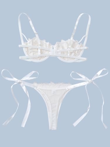 Image of Lilosy Sexy Tie Side Cute Underwire Push Up Strappy Embroidered Mesh Sheer Lingerie Set