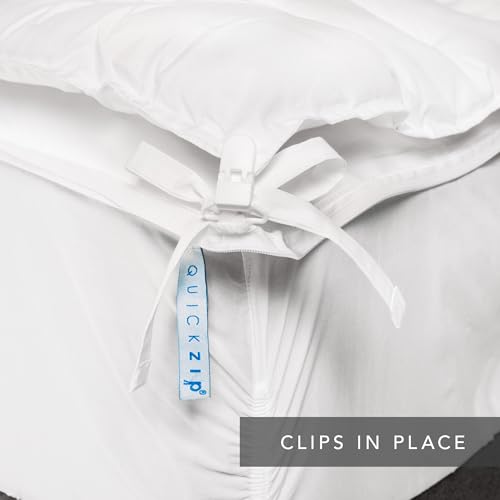 Image of QuickZip Duvet Cover with Zipper Closure - Ultra Soft Long-Staple 100% Cotton, Oeko-Tex Certified, Durable Interior Corner Ties, Corner Clips (Full /Queen (1 Piece), White (Sateen))