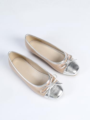 Women’s Nude-Pink Leather Ballet Flats with Silver Trim & Bow – Elegant Flat Shoes for Casual Outings & Daily Wear (Wide-Foot Friendly, Sizes 6–10.5)2