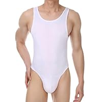 MANJIAMEI Herren Leotard Body Ärmellos Einteilig String Lingerie Jumpsuit Slip Dehnbare Tank Top Unterwäsche Hoher Schnitt Unterhemd Nachtwäsche Party Club Kostüm Weiß
