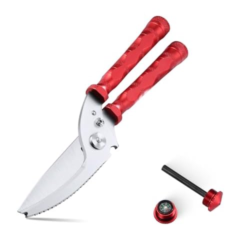 DRAGON RIOT Heavy Duty Kitchen Scissors - Sharp Scissors for Cutting Chicken, Poultry, Turkey, Meat - Stainless Food Kitchen Shears for Professionals - Spring Loaded (Red) Cover