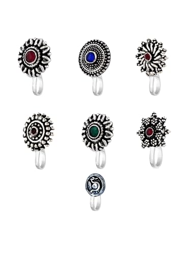 Antique Silver Oxidized 7 pcs combo set Ethnic Indian Traditional non-piercing Nose pin Jewelry Variation