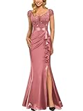 Miusol Women's Vintage V-Neck Slim Style Ruffle Split Evening Formal Maxi Dress (XX-Large, D-Cinnamon Pink)